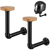 Afcabakila Cowboy Hat Rack -2 Pack Black Metal Pipe & Brown Wood Wall-Mounted Hat & Wig Holder, Hanging Motorcycle Helmet Holder Rack, Rustic Wood Helmet Hooks, Easy Storage for Coats, Hats, Caps