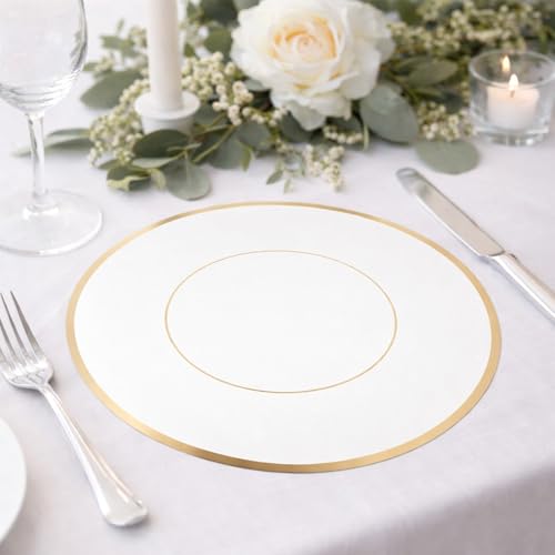 Efavormart 50 Pack Disposable Table Placemats 13 Round White with Gold Rim – Cardboard Charger Plates for Elegant Table Settings, 128 GSM