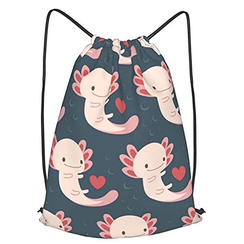 TumzfhQ Drawstring Backpack with Axolotls, Hearts and Bubbles - Adorable and Practical - Suitable for Women and Teenager Girls