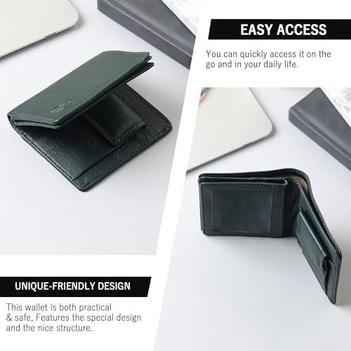 Image of VEMILIO Vegan Leather Wallet for Men & Women | 6 Card Slots | ID Window | Coin Pocket | 2 Hidden & 2 Currency Compartments | Durable Slim Bifold Purse (Green)