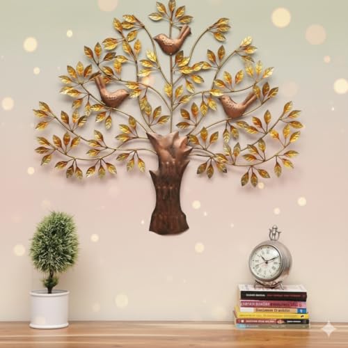 Image of Bharat Art Metal Iron 3 Bird Tree Golden Decorative Wall Art /Wall Sculpture for Home, Living Room, Bedroom, Hotels, Office, Cafe etc. - Multicolor (30 x 1 x 30 Inch)