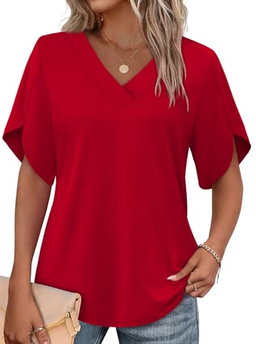 Image of WIHOLL Womens Summer Tops Short Petal Sleeve Shirts Fashion V Neck Womens Clothing