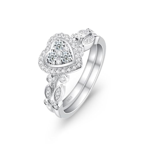Love Heart Moissanite Engagement Rings for Women, Moissanite Wedding Rings Bridal Set,Two Rows Design,D Color VVS1 18k Gold Plated 925 Sterling Silver Promise Ring for Her