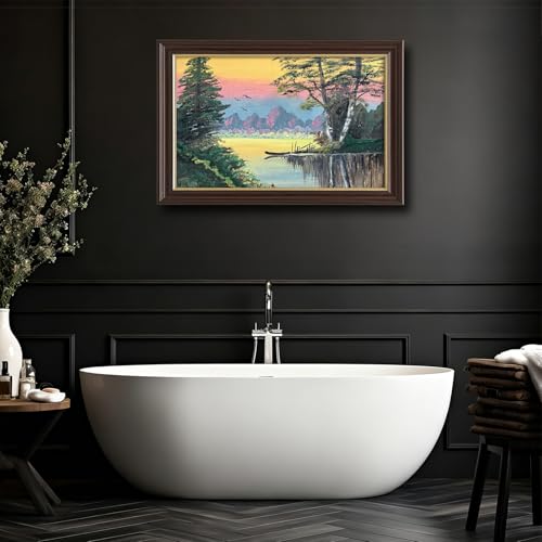Image of Antique Framed Sunset Lake Canvas Wall Art, Retro Forest Landscape Oil Painting Canvas Prints, Vintage Nature Wall Decor Pictures for Living Room Bedroom Office