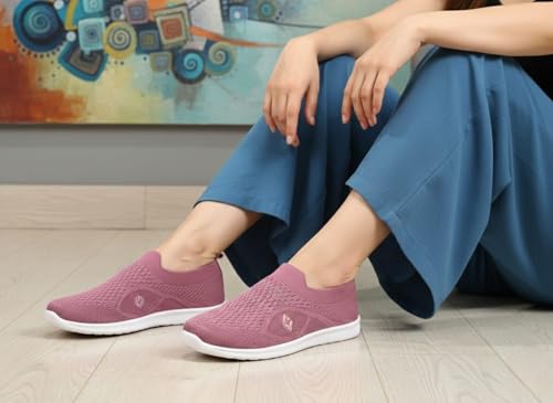 Image of Women's Slip-On Sneakers, Pink, Breathable Knitted Fabric, Lightweight & Flexible Sole