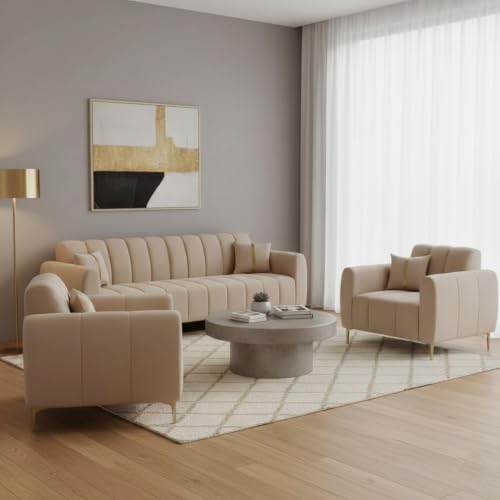 Image of FURNY Harmony 5 Seater Velvet Fabric 3+1+1 Sofa Set (Beige Color) with Golden Finish Legs | Durable & Comfortable | Ideal for Living Room, Offices