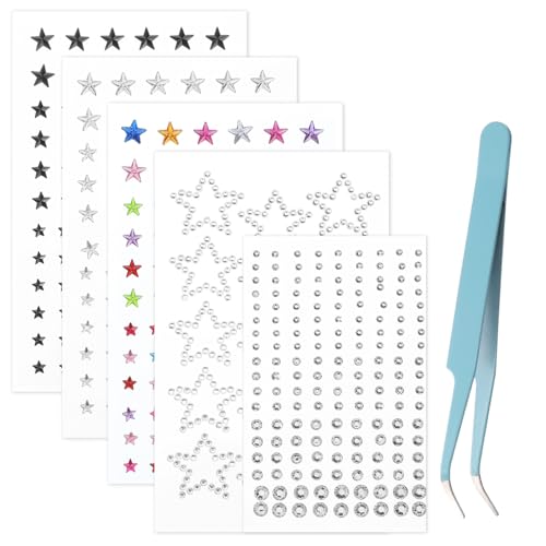 5 Sheets Face Gems for Women Self-Adhesive Star Face Stickers with 1 Blue Tweezers Faces Rhinestones Makeup Gems for Eyes Hair Y2k Accessories