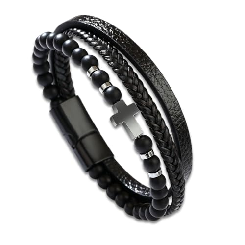 AJAUBKJOG Bracelet homme noir avec croix chretienne homme, perles volcaniques, cuir tressé,...