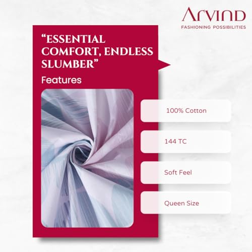 Image of Arvind Bedsheet Set - 100% Cotton Bedsheet for Double Bed (1 Queen Size Bedsheet with 2 Pillow Covers) Soft Breathable, 144 Thread Count - Slumber -Shade 3 (21024-A)