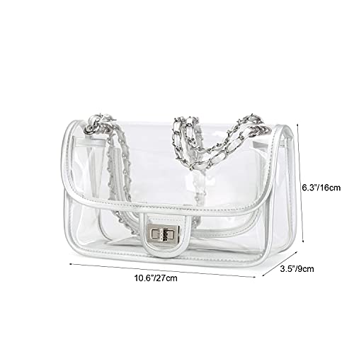 Image of Womens PVC Clear Purse Handbag with Chain Stadium Approved Clear Bag See Through Bag for Working and Concert