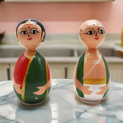 Image of Channapatna Wooden Decorative Dolls, Traditional Indian Art, Hand-Painted Figurines, Set of 2