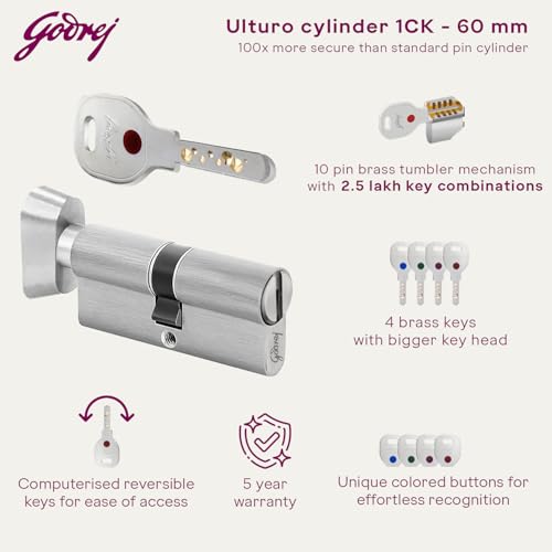 Image of Godrej Cylinder | Europrofile Ulturo XL+ | 1CK 60mm | Satin Steel Finish | Door Thickness Upto 40mm | 4 Keys