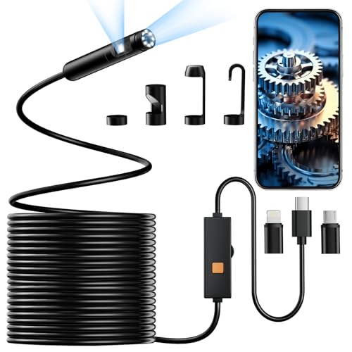 Cámara Endoscópica con Luz, Doble Lente 1920P HD Borescopio con 8+1 Luces LED Ajustables, Cable Semi-rígido de 32.8 Pies IP67 Cámara de Inspección Impermeable para iPhone, iPad, Teléfonos iOS y Android