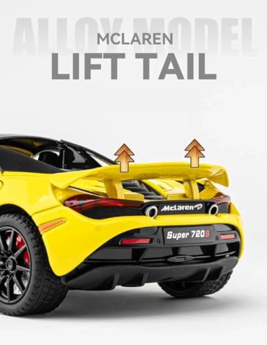 Image of 1:24 McLaren 720S Convertible Diecast Car | Alloy Metal Pull Back Toy Car with Openable Doors, Lights & Music | Model Car for Kids Boys Girls Gift & Collectors (Yellow)