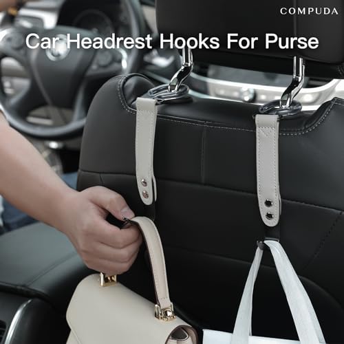Image of Car Headrest Hook 2 Pack Car Hook Holder Leather Headrest Hooks for Purses and Bags,SUS304 Car Hook (Grey)