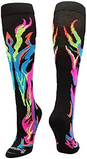 MadSportsStuff Flame Socks Athletic Over The Calf Socks (Multi Neon/Black, Small)