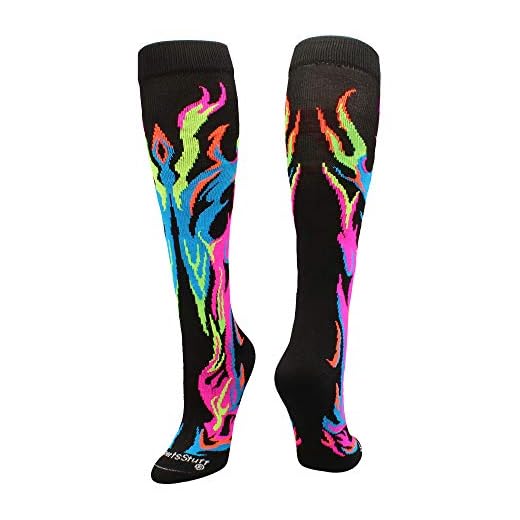 MadSportsStuff Flame Socks Athletic Over the Calf Socks (Multi Neon/Black, Medium)