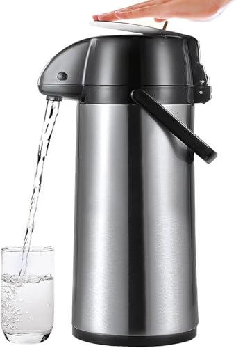 WXQエアーポット 2.2/2.5L大容量 魔法瓶 保温ポット ステンレスエアーポット 家庭用 48時間の長期保温 真空断熱 保温 保冷 卓上ポット 広口 プッシュ式 オフィス 業務用 旅行用 シルバー ケトル 水筒 携帯ポット (スチールカラー,2.5L