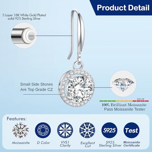 2-4CT Moissanite Dangle Earrings, Halo Round D Color Ideal Cut Simulated Moissanite 925 Sterling Silver Earrings for Women with Certificate of Authenticity3