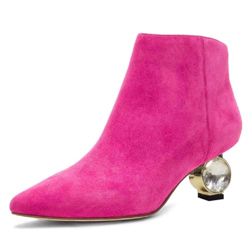 XYD Botas de tobillo con tacón de gatito para mujer, puntera puntiaguda, con cremalleras laterales para graduación, vestido de fiesta con purpurina, botines cortos de moda, Rosado Oscuro, 39 EU