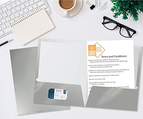 Image of Better Office Products 2 Pocket Glossy Laminated Metallic Silver Paper Folders, Letter Size, 25 Pack, Paper Portfolios, Box of 25