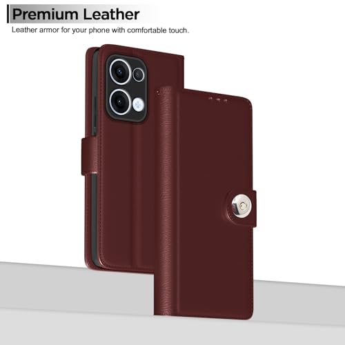 Image of Pikkme Flip Cover Leather Finish | Inside TPU with Card Pockets | Wallet Stand and Shock Proof | Complete Protection Button Flip Case for Oppo Reno 13 5G(Brown)