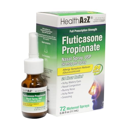 HealthA2Z® Fluticasone Propionate Nasal Spray | 50 mcg per Spray | 24 Hour Allergy Relief | 72 Sprays | 0.38 fl oz. (11.1mL) | Nasal Decongestant | Non-Drowsy | Allergy Relief Spray