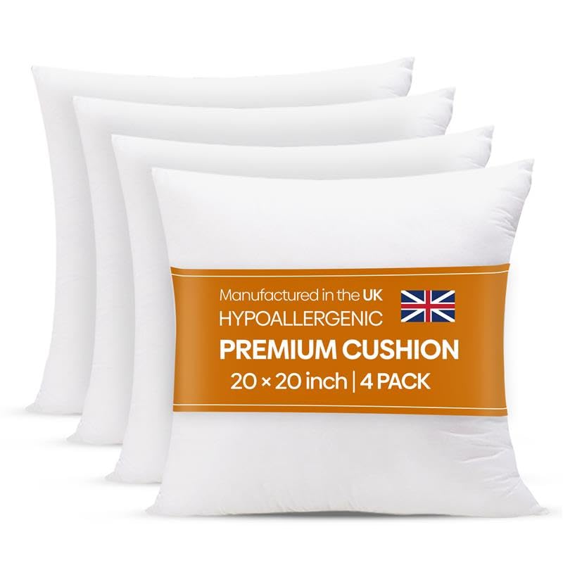 Oliver Bedding Hypoallergenic Premium cushion inserts 4 pack, Hollowfibre Stuffed Square Cushion Pillows for Sofa and Bed, Comfortable Anti Allergenic Pad Stuffer Insert Square Pillow (20 x 20)