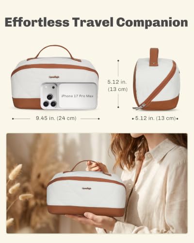 Image of Hynes Eagle Travel Makeup Bag for Women Puffy Cosmetic Organizer Pouch Open Flat Toiletry Bag for Toiletries Brushes Structured Base White