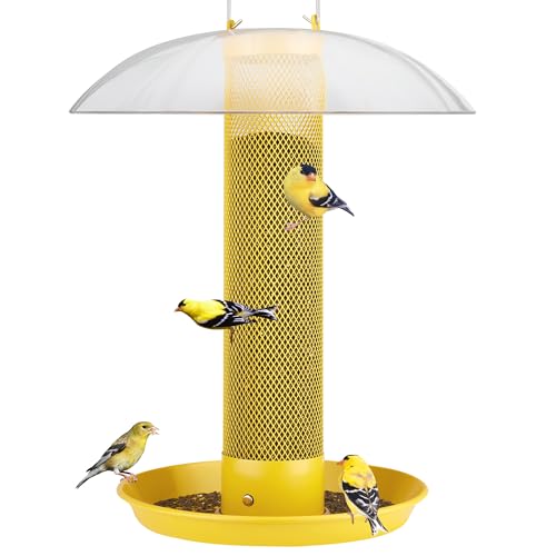 Kingsyard Finch Bird Feeder for Outdoors Hanging, Metal Mesh Tube Bird Feeders for Thistle & Nyjer Seed, Large Removable Tray & Rainproof Dome, 2.5 lbs Seed Capacity, Yellow
