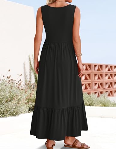 ZESICA Women's 2025 Summer Sleeveless Dress Square Neck Pleated Swing Casual Maxi Dresses with Pockets4