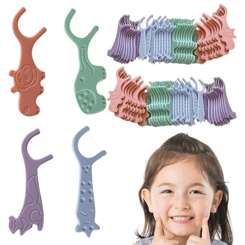 80 palitos de hilo dental para niños 4 Mangos Coloridos En Forma De Animal para espacios interdentales estrechos hilo dental para niños