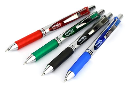 Pentel BL77-4 EnerGel żelowe pióro kulkowe z mechanizmem dociskowym, średnica kulki 0,7 mm = grubość kreski 0,35 mm, do wielokrotnego napełniania, zestaw 4 sztuk, różne (sw/rt/bl/gr), 1 sztuka (4