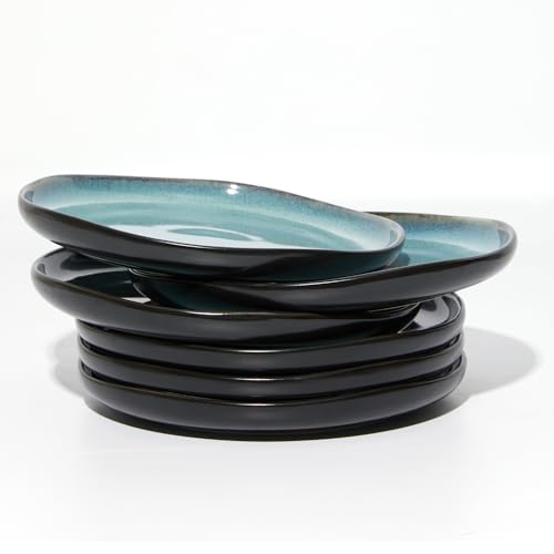 Image of Pokini Ceramic Salad Plates Set of 6, 8inch Stoneware Small, Dessert Plates | Irregular Reactive Glaze Plates Set for Lunch, Appetizer, Microwave & Dishwasher Safe, Chip & Scratch Resistant, Green Black
