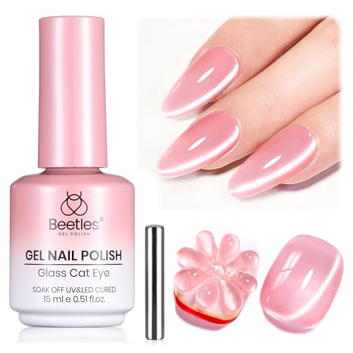 Image of Beetles Grapefruit Glow Pink Cat Eye Gel Nail Polish - 15ML Full Size Spring Gel Polish Glitter Pink Cat Eye Magnetic Translucent Glassy Effect Soak Off UV French Nail Art Design DIY Manicure Gifts