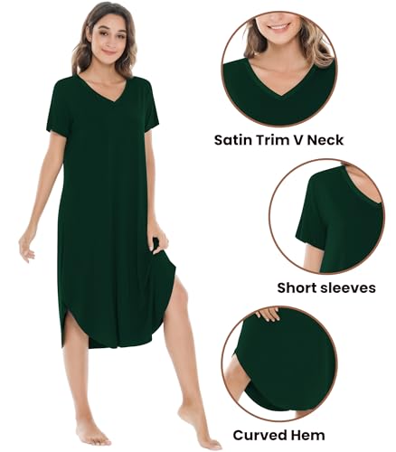 Image of NACHILA Nightgowns for Women-Viscose Made from Bamboo, V Neck Sleepshirts Short Sleeve Sleepwear Cool Nightshirt