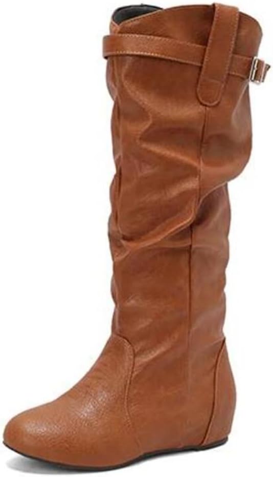 Slouchy Knee High Flat Boots for Women Wide Calf Pull On Side Zipper Faux Leather Round Toe Fall Winter Dress Tall Boots