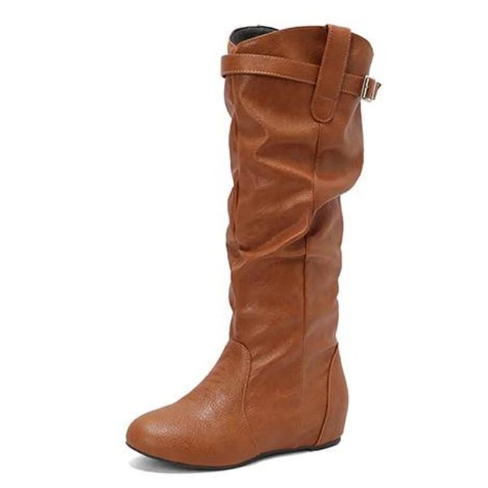 Slouchy Knee High Flat Boots for Women Wide Calf Pull On Side Zipper Faux Leather Round Toe Fall