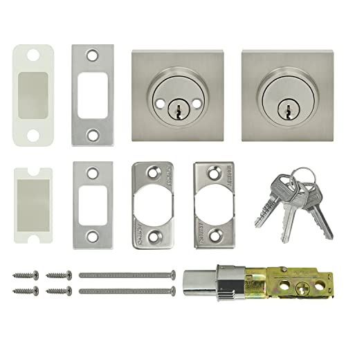 Image of Nuk3y Hulk Series Lever Door Handle Slim Square Modern Contemporary Lever Set (Deadbolt [Double Cylinder], Satin Nickel)
