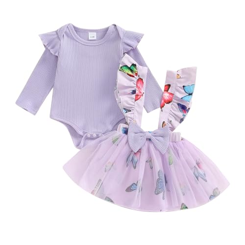 Gaono Newborn Fall Clothes Baby Girl Suspender Skirt Outfit Long Sleeve Solid Ribbed Romper Floral Bow Overall Dress Sets (Purple, 6-12 Months)