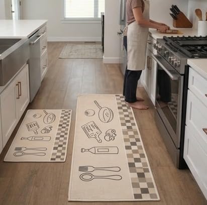 Image of HomeCloud Anti Fatigue Kitchen Rug Printed Thick Anti Slip, Washable, Big Size, Designer Folding Kitchen Mat for Home BedroomStandard Size (41 x 122 cm 41 x 61 cm) (Check Box Tools Beige)