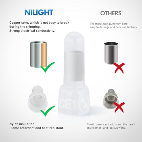 Image of Nilight 300PCS CE1 Closed End Crimp Terminal 22-16 Gauge Nylon Insulated Closed End Wire Cap Wire Connectors Crimp Cap Terminals Connectors for Automotive Car Truck Boats Marine Electrical Wiring