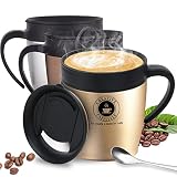 Thermobecher, Kaffeebecher To Go Thermo mit Deckel und Griff, Coffee To Go Becher, Doppelwandige Isolierbecher aus Edelstahl, 350ml Travel Mug für Kaffee, Tee, Heiß/Kalte Wein & Cocktails (Gold)