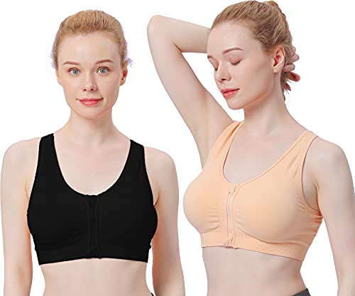 Women s Zip Front Sports Bra Wireless Post-Surgery Bra Active Yoga Sports Bras (Large, 2 Pack(Black+Flesh))