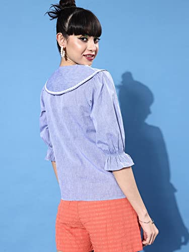 Image of Style Quotient Women Blue Classic Floral Embroidered Casual Shirt