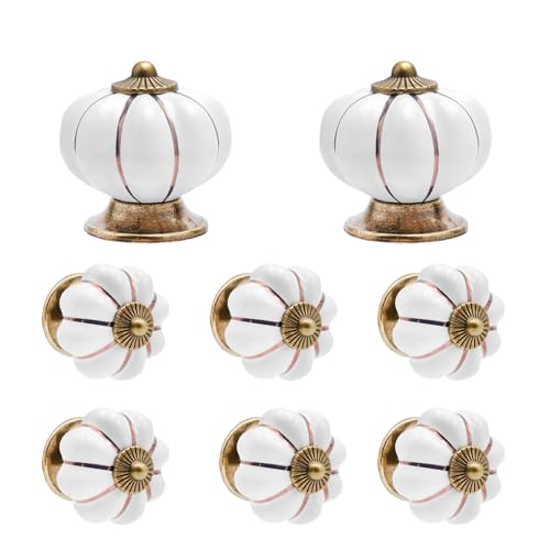 TNSLAND 8PCS Boutons Céramique Citrouille Blanc, Poignées de Meuble Vintage pour Tiroirs, Commodes, Armoires et Placards, Boutons de Porte en Céramique avec Vis Incluses, Boutons Décoratifs Maison DIY