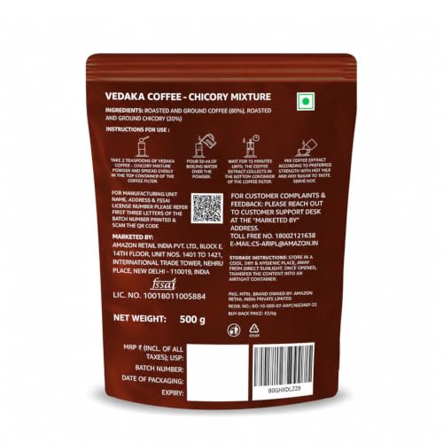 Image of Amazon Brand - Vedaka Filter Coffee Powder 500 g | 80:20 Coffee Chicory Blend | Medium Roast | Strong Aroma & Full Body | South Indian Filter Coffee