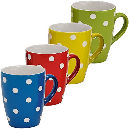 Matches21 - Juego de 4 tazas de café de cerámica monocolor azul, rojo, amarillo y verde con lunares blancos, 11 cm, 250 ml Cover