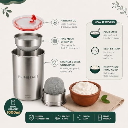 Image of PRIMESAGE Hung Curd Maker Stainless Steel - 1000ml Hung Curd Maker Curd Maker Curd Yogurt Maker Greek Yoghurt Curd Strainer Greek Yogurt Maker Yogurt Greek Yogurt Hung Curd Strainer Box Yogurt Greek