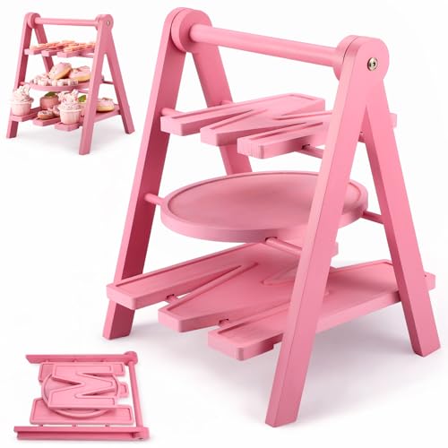 Novabright Mother's Day Serving Tray and Platters, 3 Tier Foldable Wooden Cupcake Stand, 7.8''/9.8''/11.4'' Pink Heart Mom Letter Charcuterie Board Serving Plate for Food Display, Party Decor Mom Gift